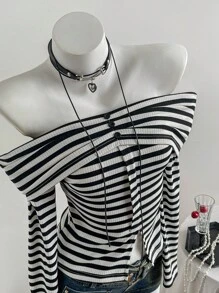 Elamini 黑白罗纹露肩褶饰纽扣装饰前开衩修身长袖 T 恤，时尚简约优雅，适合通勤、休闲、日常、约会、秋冬 - 黑與白 - 查看 5