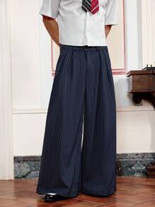 SWAVVY 男士街头时尚宽松条纹印花裤，秋季 - 藏蓝色 - 查看 3