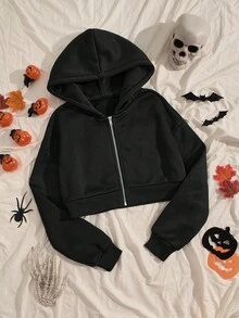 Unity Women's Halloween Pattern Printed Loose Casual Short Hoodie,Suitable For Halloween Parties - 黑色 - 查看 6