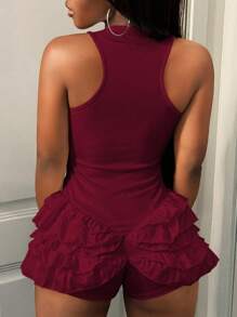BamGleam Women's Retro Chic Solid Color Minimalist Sleeveless Jumpsuit, Everyday Wear - Burgundy - View 2