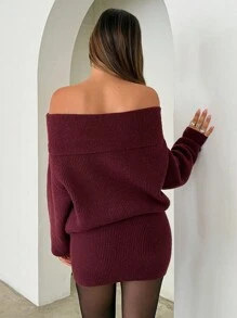 Aloruh 女士性感优雅露肩金属扣腰饰紧身迷你毛衣裙，酒红色，勃艮第红连衣裙，秋冬勃艮第红毛衣 - 酒紅色 - 查看 2