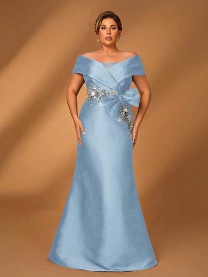 Serin Plus Size Elegant Luxurious Navy Blue Off Shoulder Dress With Sequin Applique, Bow Accent And Mermaid Hem, Suitable For Evening Party, Date, Vacation, Music Festival, Wedding, Bridal, Mother Of The Bride