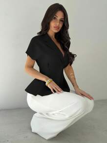 Firerie 女士休闲/办公亚麻束腰短袖西装外套，杏色，秋冬夏季 - 黑色 - 查看 6