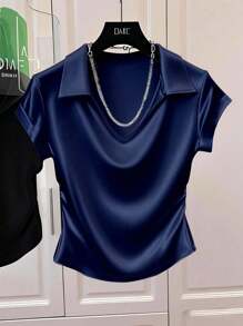 SHEIN Franclia 女士休闲纯色缎面亮面T恤衫，适合大学穿着 - 藏蓝色 - 查看 3