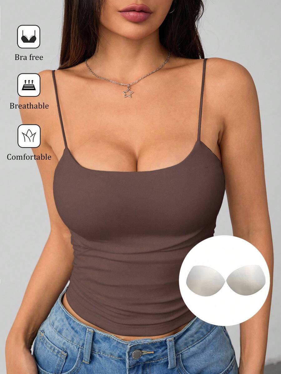 SHEIN PETITE Women's White Tight Round Neck Breathable Basic Camisole Women's Tops Braless Tank Tops - Brown - View 1