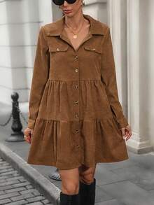 SHEIN Clasi 女式休闲日常纯色前扣荷叶边下摆连衣裙 - 棕色 - 查看 4