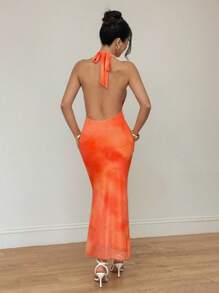 SHEIN PETITE Đầm Maxi Bodycon hở lưng gợi cảm, cổ khoét sâu chữ V, thắt nơ, hở lưng, trang trí dây xích, hẹn hò lãng mạn mùa xuân/hè cho nữ - trái cam - Xem 2