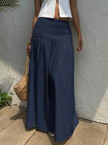 SHEIN EZwear Women's Casual Navy Blue Knotted Waist Skirt