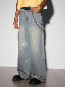 ROMWE MEN Street Life 男式复古蓝色休闲闪亮水钻宽松牛仔裤 - 淺色水洗藍 - 查看 7