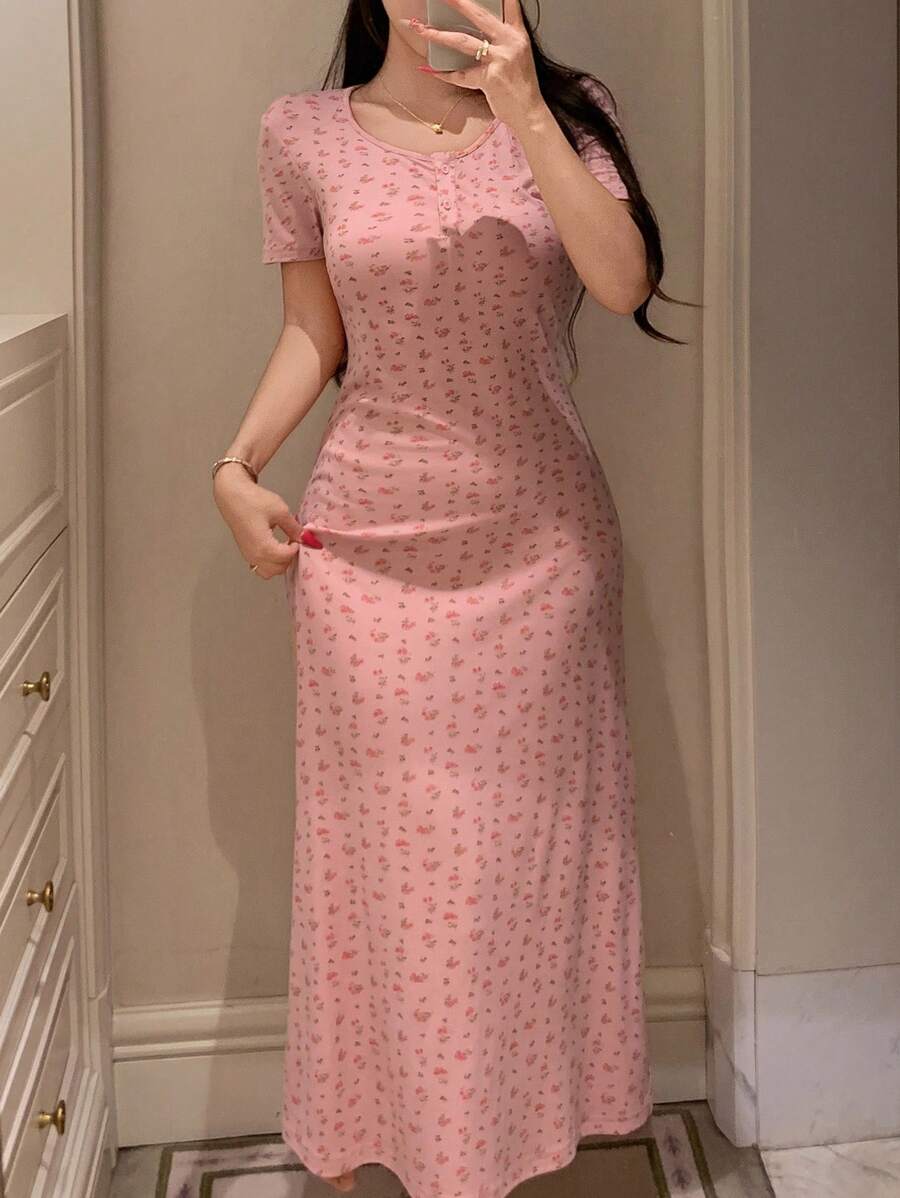 DAZY Bộ đồ ngủ dài tay thắt eo họa tiết hoa Ditsy dành cho nữ - Hồng - Xem 1