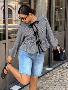 Dripcurv 大码前系带长袖简约褶皱衬衫，适合日常休闲穿着