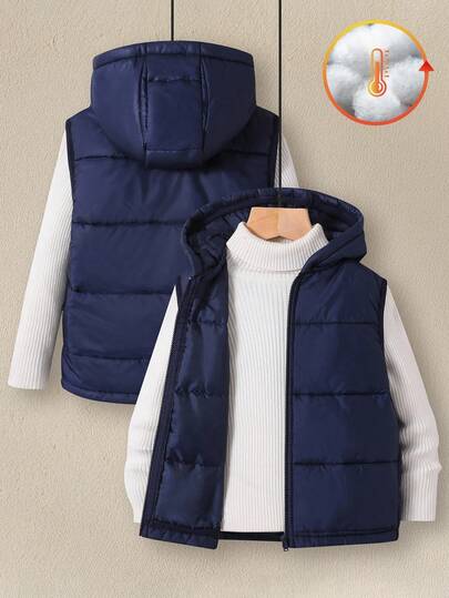 Kids Boy Casual Everyday Versatile Comfortable Thick Sleeveless Hooded Open Front Loose Padded Vest Jacket Outerwear, Suitable For School, Garden, Beach, Birthday, Spring, Summer, Fall, Winter