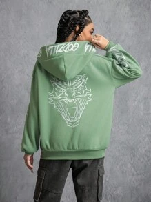 GODZILLAxKONG X SHEIN Áo nỉ chui đầu thường ngày họa tiết quái vật dành cho nữ - màu xanh lá - Xem 1
