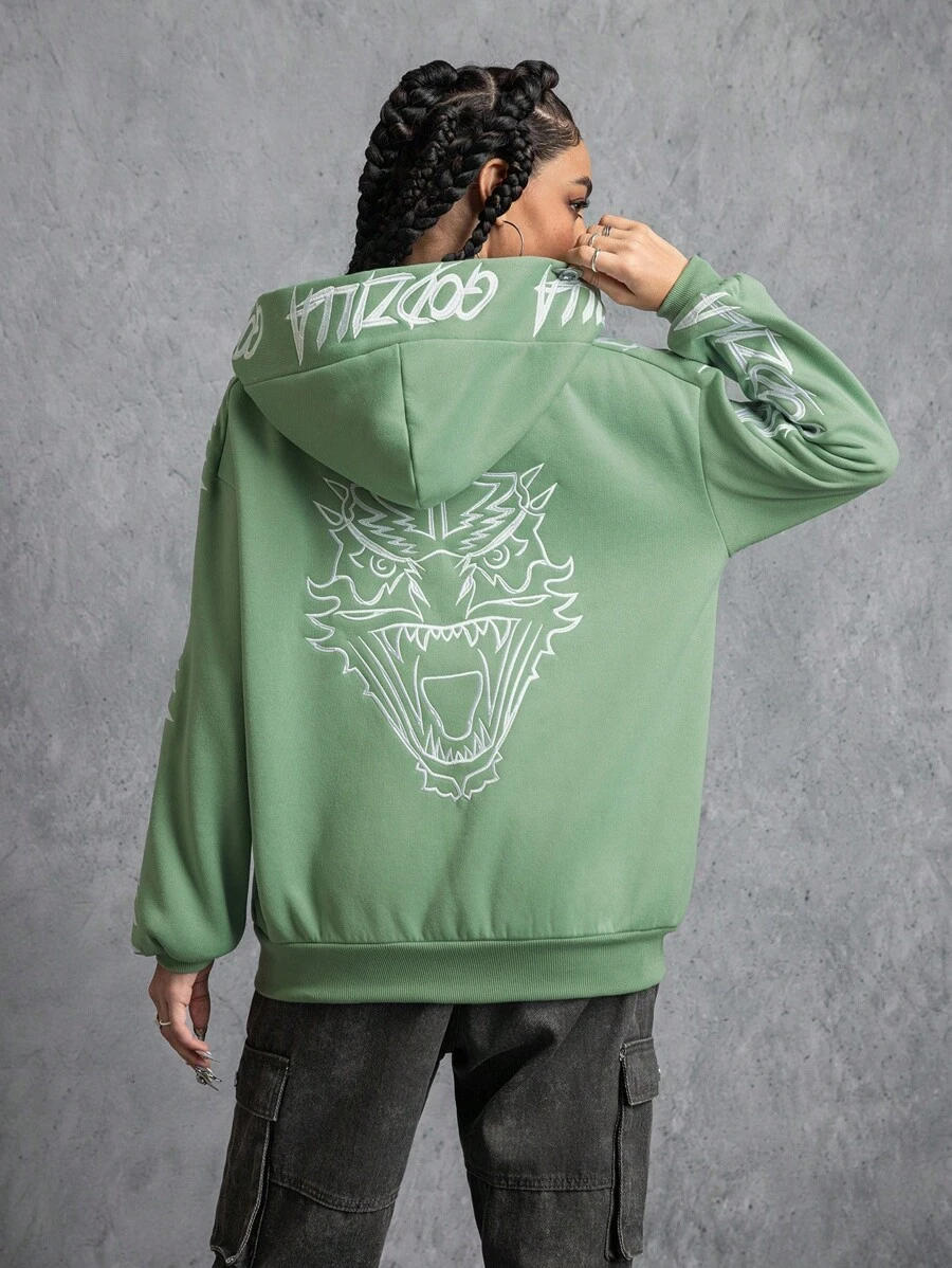 GODZILLAxKONG X SHEIN Áo nỉ chui đầu thường ngày họa tiết quái vật dành cho nữ - màu xanh lá - Xem 1