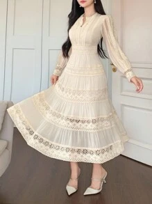 DAZY Women's Elegant Lace Round Neck Puff Sleeve Mid-Length Dress, Autumn,Fall Women Clothes Maxi Dress - Apricot - View 3