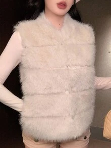 DAZY 女士优雅蓬松背心，秋冬季外套背心女式大衣 - 米色 - 查看 6