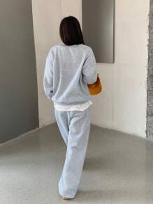 SHEIN TEENGIRL Grey V-Neck Oversized Fluffy Knit Elastic Loose Sweatshirt And Sweatpants 2 Pieces Set, Autumn/Winter, Small Logo & Horse Embroidery Girl Sweatpants Set Wide Leg Sweatpants Girls Lounge Set Teen Girl Sweatsuit Teen Girl Lounge Wear Fall