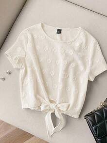 SHEIN LUNE 女款紋理素色前綁帶圓領短袖短版上衣 夏季鏤空可愛休閒度假風奶油白T恤 - 杏色 - 查看 5