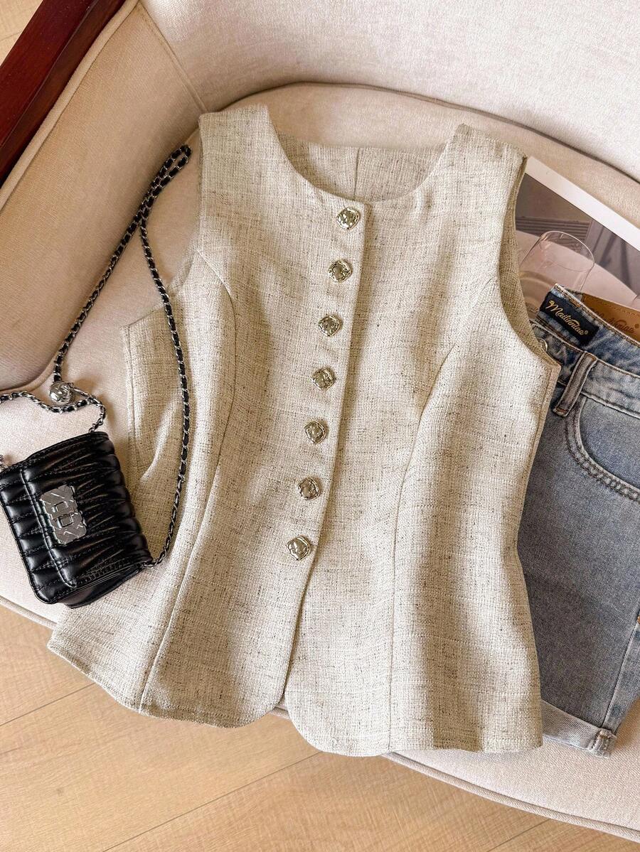 SHEIN Frenchy 简约前扣休闲无袖女士西装外套，适合日常通勤 - 杏色 - 查看 1