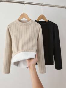 2pcs/Set Tween Girls Casual Versatile Commuting Sports Comfortable Thermal Lined Turtleneck Black & Beige Base Layer Long Sleeve Top Fall Winter