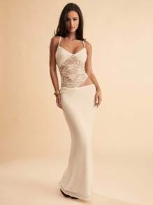 SHEIN BAE 夏季海滩度假纯黑色蕾丝性感透视吊带长裙，适合日常约会、夜间外出、夜总会、派对、聚会、鸡尾酒会、泳池派对、返校季服装、学校季连衣裙、节日连衣裙女士连衣裙 - 杏色 - 查看 3