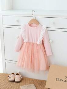 SHEIN Baby Girls' Pink Lace Patchwork Elegant Long Sleeve Dress - Pink - View 10