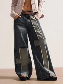 Bohemela Women's Casual Loose Woven Wide-Leg Jeans Patchwork Jeans Wide Leg Jeans Women Jeans Denim Pants - Blue - View 4