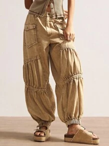 波西米亚风复古休闲纯色梭织宽松水洗女裤 - 摩卡棕 - 查看 4