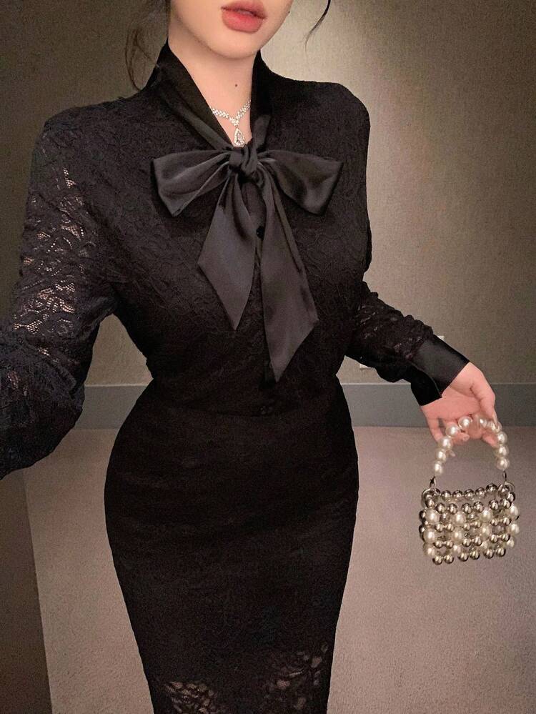 Women's Lace Fabric Bowknot Long Sleeve Loose Cardigan And A-Line Skirt Elegant 2 Pieces Set,Fall Women Clothes