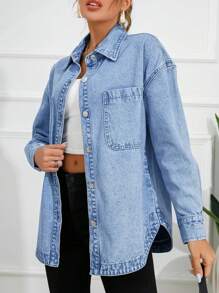 Selenza 女式落肩长袖单排扣口袋休闲牛仔衬衫 - 中等水洗藍 - 查看 4