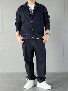 Manfinity Homme Bộ đồ denim nam màu trơn dài tay thường ngày và quần dài, bộ đồ denim nam, bộ đồ denim xanh navy 2 món, quần áo mùa thu - Màu xanh hải quân - Xem 8