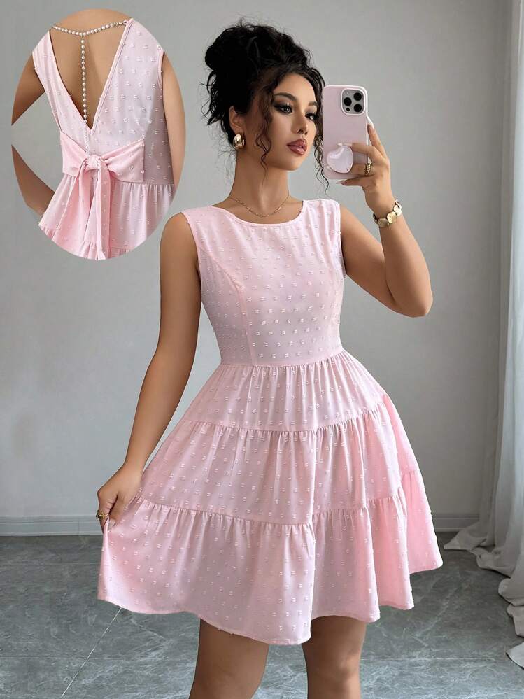 Elenzga Vestido de moda de cuello redondo sin mangas con decoración de lazo de unicolor para mujer - Rosa - Añade 6