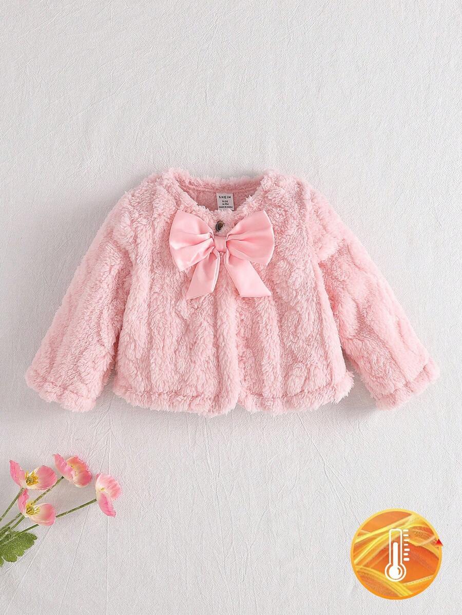 SHEIN Playful Pals 1 件女婴毛绒夹克,加厚羊毛外套,韩版可爱蝴蝶结装饰,粉色,时尚百搭,适合冬季日常穿着 - 粉色 - 查看 1