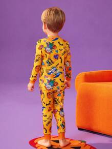 Nick 90s | SHEIN Young Boy Cartoon Graphic Halloween Round Neck Long Sleeve & Long Pants Comfortable Skin-Friendly 2pcs Pajama Set - Multicolor - View 2