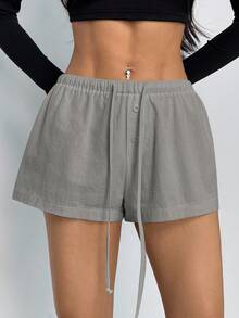 SHEIN PETITE Quần short lưng rút màu trơn đơn giản cho nữ - Màu xám đen - Xem 4