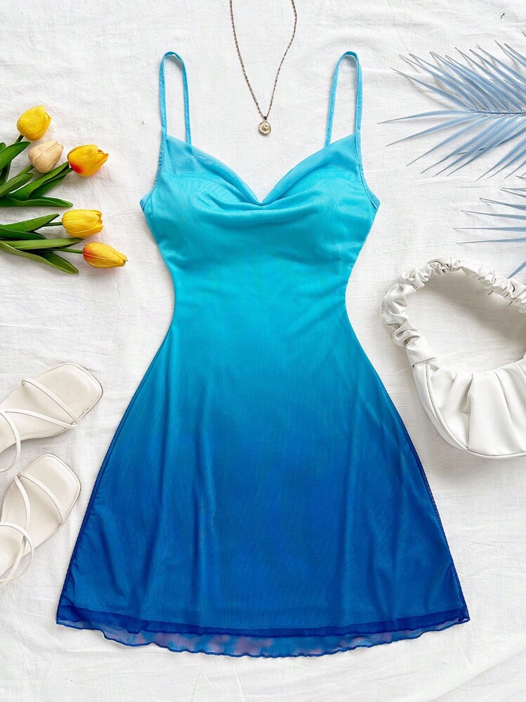 Soleia Women's Gradient Color Spaghetti Strap Draped Neck Mini Dress, Suitable For Beach, Western, Music Festival, Summer Vacation Outfit, Bohemian Blue Summer Dress Blue Vacation Dress Blue Beach Dress Ombre Blue Dress - Multicolor - View 4