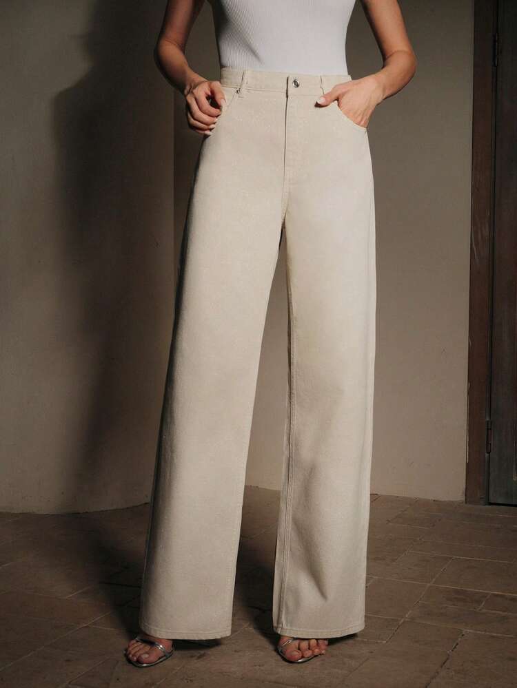 Anewsta 休闲通勤杏色金箔直筒牛仔裤 - 杏色 - 查看 3