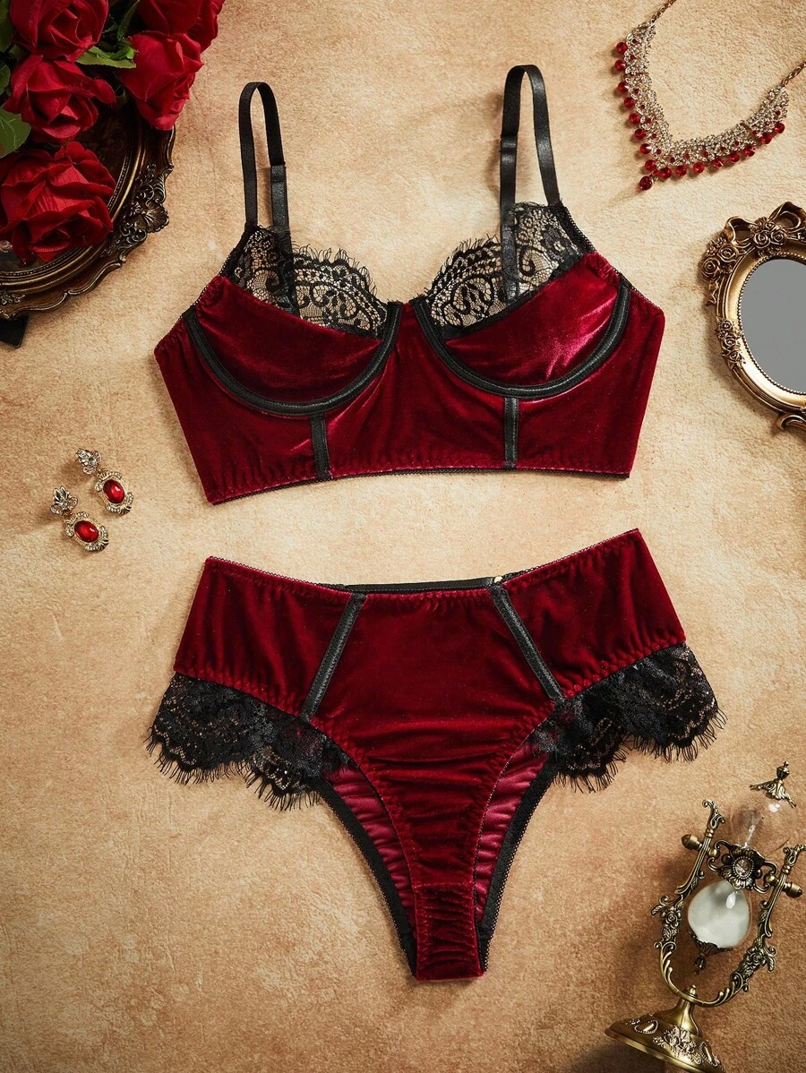 PinupPomp Sexy Contrast Color Lace Patchwork Underwire Bra And Panty Set - Burgundy - View 1