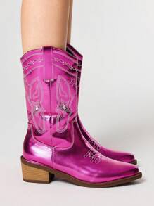 ROMWE Fairycore 2025年新款时尚刺绣亮片拼接女士圆头中筒靴V型开口长筒马靴粗跟修身百搭PU高筒靴女 - 紫色 - 查看 4