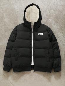 Manfinity EMRG Men's Black And White Letter Graphic Zip-Up Hooded Winter Coat,Thermal Lined Casual Streetwear,Long Sleeve Fall Apparel For Hiking,Campus & Halloween - Black - View 3