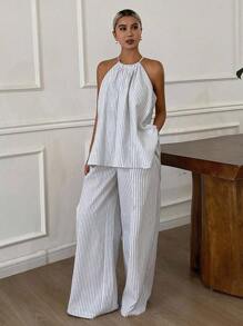 DAZY Women's Casual Striped Halter Sleeveless Top And Wide Leg Maxi Pants 2 Pieces Set - White - View 4