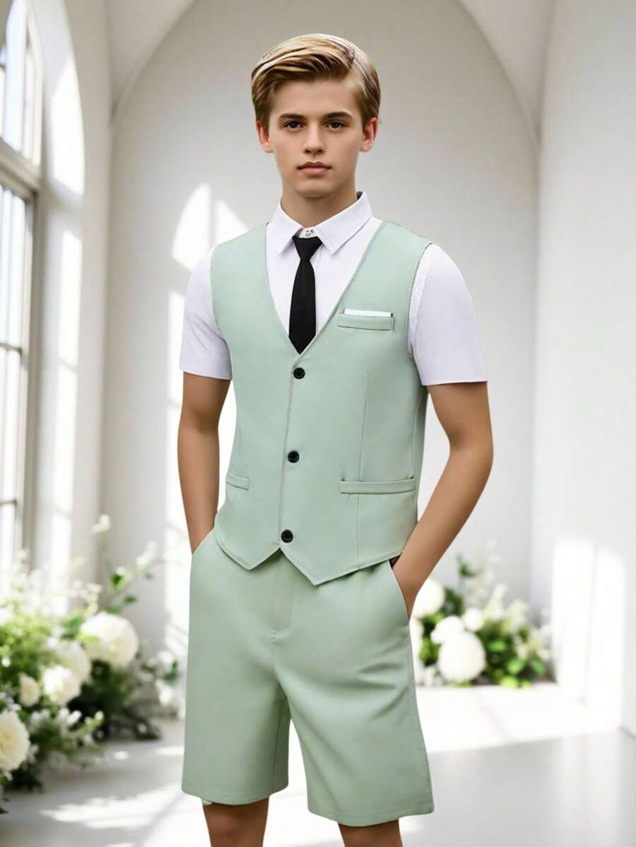 SHEIN 2pcs/Set Teen Boy Gentleman Suit, Mint Green Chest Panel Contrast Slim Fit Vest + Shorts, Elegant Formal Outfit For Birthday, Wedding, Graduation, Party, Wedding Guest, Pageboy, Ring Boy, School, Campus, College - Mint Green - View 1