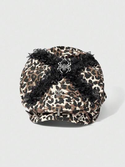 Grunge Punk 1pc Y2K Punk Style Lady's Metal Spider Cross Rivet Decor, Sexy Leopard Print & Lace Patchwork Beret Hat, Suitable For Travel, Shopping And Etc.