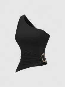 Sweetra Nouveau ensemble de blouse femme printemps/été asymétrique avec col asymétrique, boucle métallique décorative sur une seule épaule, convient pour les vacances à la plage