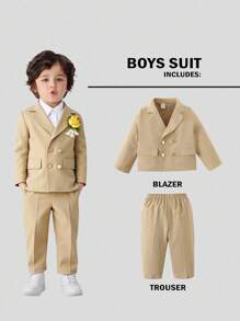 2 pezzi/Set Outfit da Gentiluomo per Bambino, Giacca Kaki con Decorazione a Fiore sul Petto e Pantaloni, Comodo, Versatile, Stile Britannico Classico Retrò, Adatto per Interno, Esterno, Quotidiano, Sport, Gioco, Festa, Servizio Fotografico, Vacanza, Festival, Matrimonio, festa di nascità, Elegante, Invitato a Matrimonio, Paggetto, Anello Ragazzo Outfit da Matrimonio Formale per Bambino Maschio Beige, in Autunno/Inverno - Cachi - Visualizzare 3