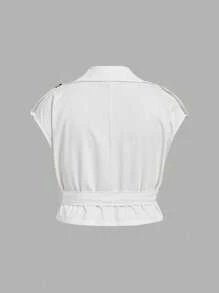 SHEIN MOD 加大码白色优雅百搭无袖亚麻腰带短款风衣背心 - 白色 - 查看 2