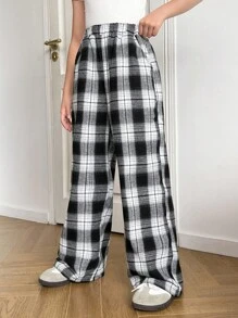 SHEIN Tween Girl Woven Plaid Loose Casual Pants
