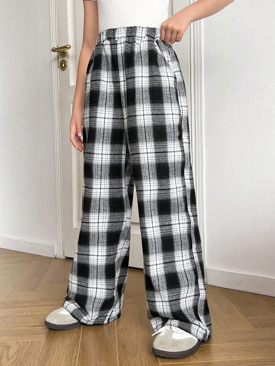 SHEIN Tween Girl Woven Plaid Loose Casual Pants