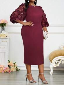 Fleurora Váy cưới tay bồng cỡ lớn cho nữ mùa xuân và mùa hè, thường ngày, thanh lịch, màu đỏ claret, cổ tròn, dệt kim, họa tiết hoa ba chiều, vải lưới nối, váy cưới 2025 mới, váy ren dài ôm vừa vặn, tay ngắn thanh lịch cho nữ, váy trang trọng cho nữ, váy dạ hội, trang phục dự tiệc, váy phù dâu, váy ren đen, váy cocktail midi bốn mùa, váy midi thanh lịch, váy tay bồng, váy dài thanh lịch, váy midi có tay, váy cho dịp đặc biệt, váy có tay trong suốt, váy tay bồng - Màu Đỏ Sâu - Xem 6