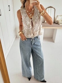 Siren Gaze 女士时尚亮片系带吊带背心，夏季 - 杏色 - 查看 6